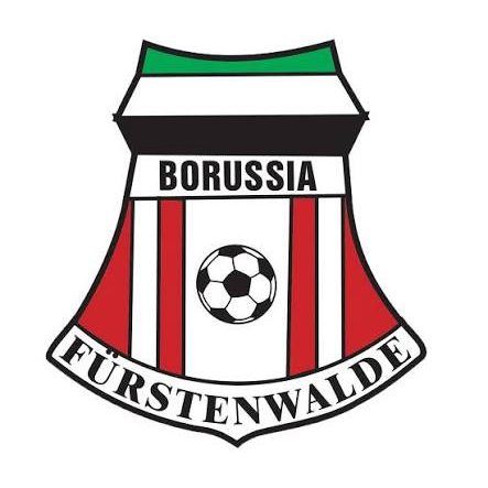 Vereinslogo Wappen von Borussia Fürstenwalde mit rot-weißen Streifen und grünem und schwarzem Banner.