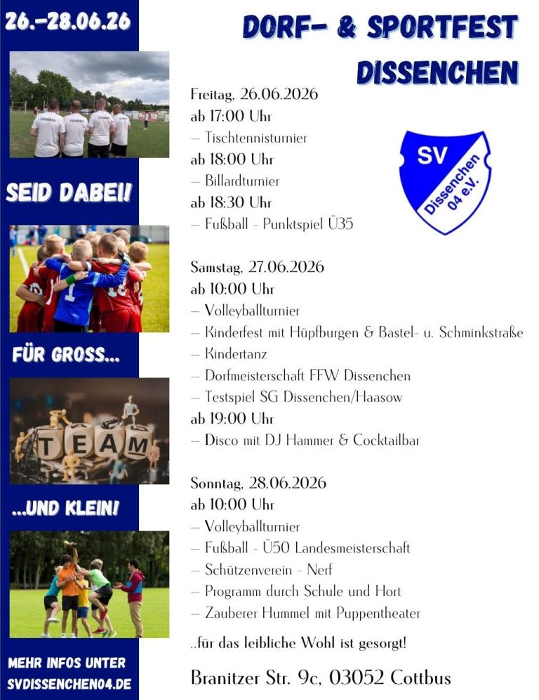Plakat für das Dorf- und Sportfest in Dissen, Termine und Aktivitäten aufgeführt.