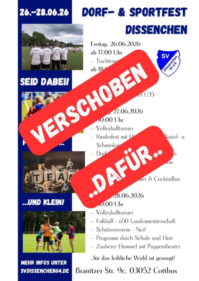 Plakat für das Dorf- und Sportfest in Dissen, Termine und Aktivitäten aufgeführt.